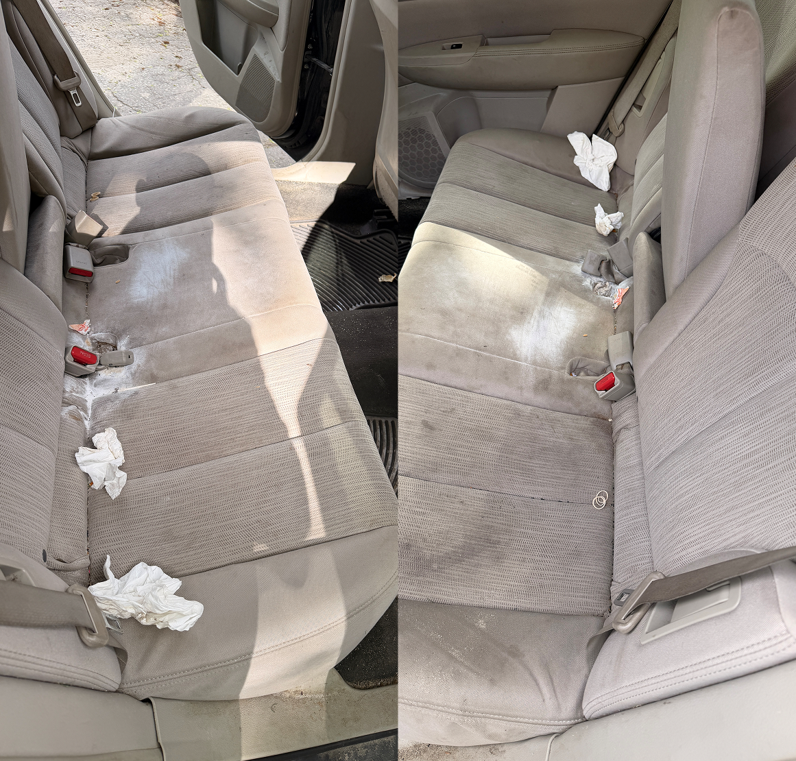 Messy car back seat cleaning