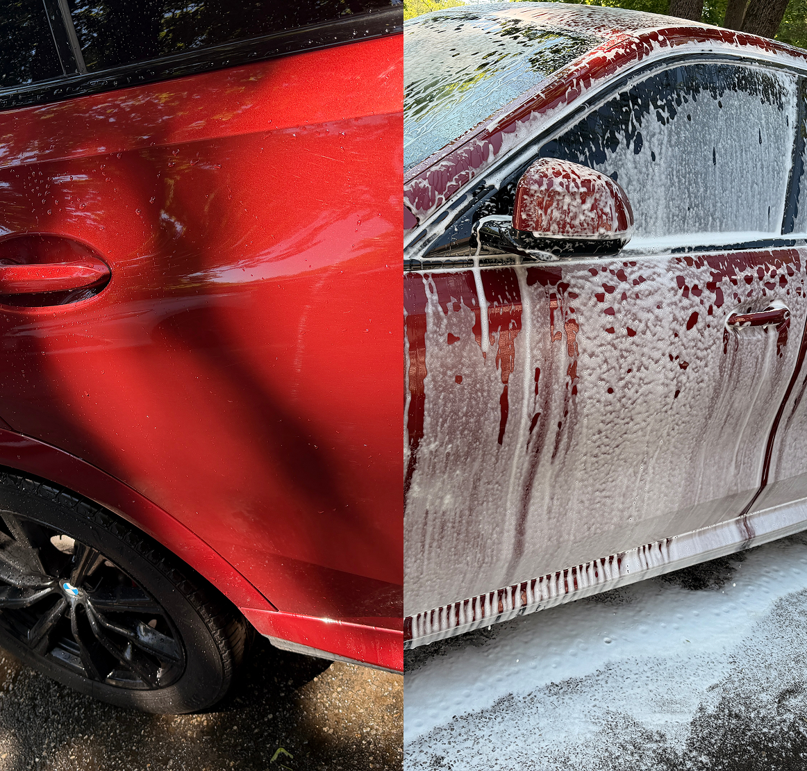 Red car exterior foam washing